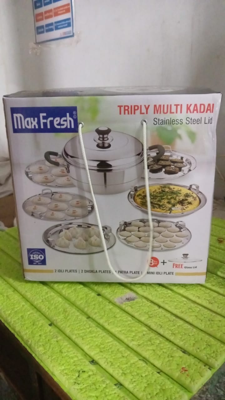 Stainless Steel Triply Multi Kadai idli, dhokla, Patra,  Mini idli plates, kadai with Lid  (8 Pcs Set / Free Glass Transparent Lid) Stainless Steel Triply Multi Kadai idli, dhokla, Patra,  Mini idli plates, kadai with Lid  (8 Pcs Set / Free Glass Transparent Lid)